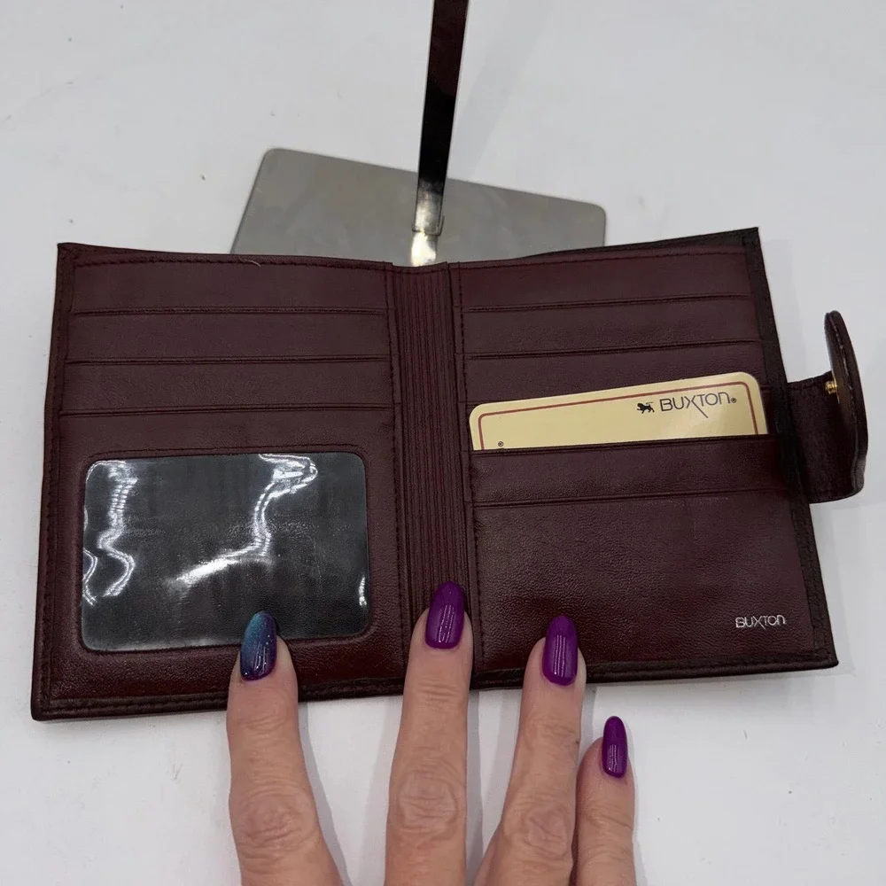 Buxton Silky Sheepskin Leather Bifold Wallet Burgundy Kiss Lock Coin Purse - Picture 4 of 8